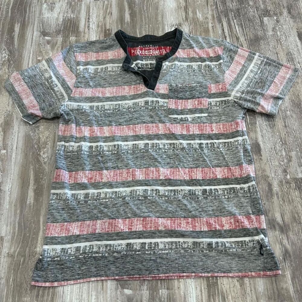 Ecko UnItd. Men’s red + gray 2000s y2k skater streetwear striped Henley shirt